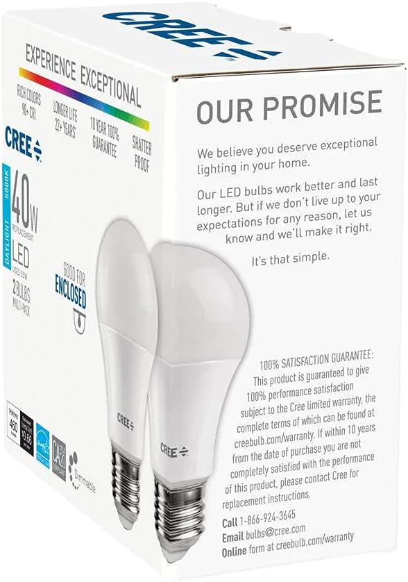 Cree Lighting Exceptional Series – Bombilla A19, bombilla LED regulable de 5000 K, 40 W + 460 lúmenes, luz diurna, paquete de 2