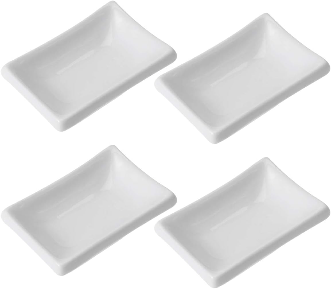 Hemoton Bandeja cuadrada para servir, 4 platos de salsa de cerámica blanca, cuencos de inmersión, platos de condimentos, platos de sushi, platos de