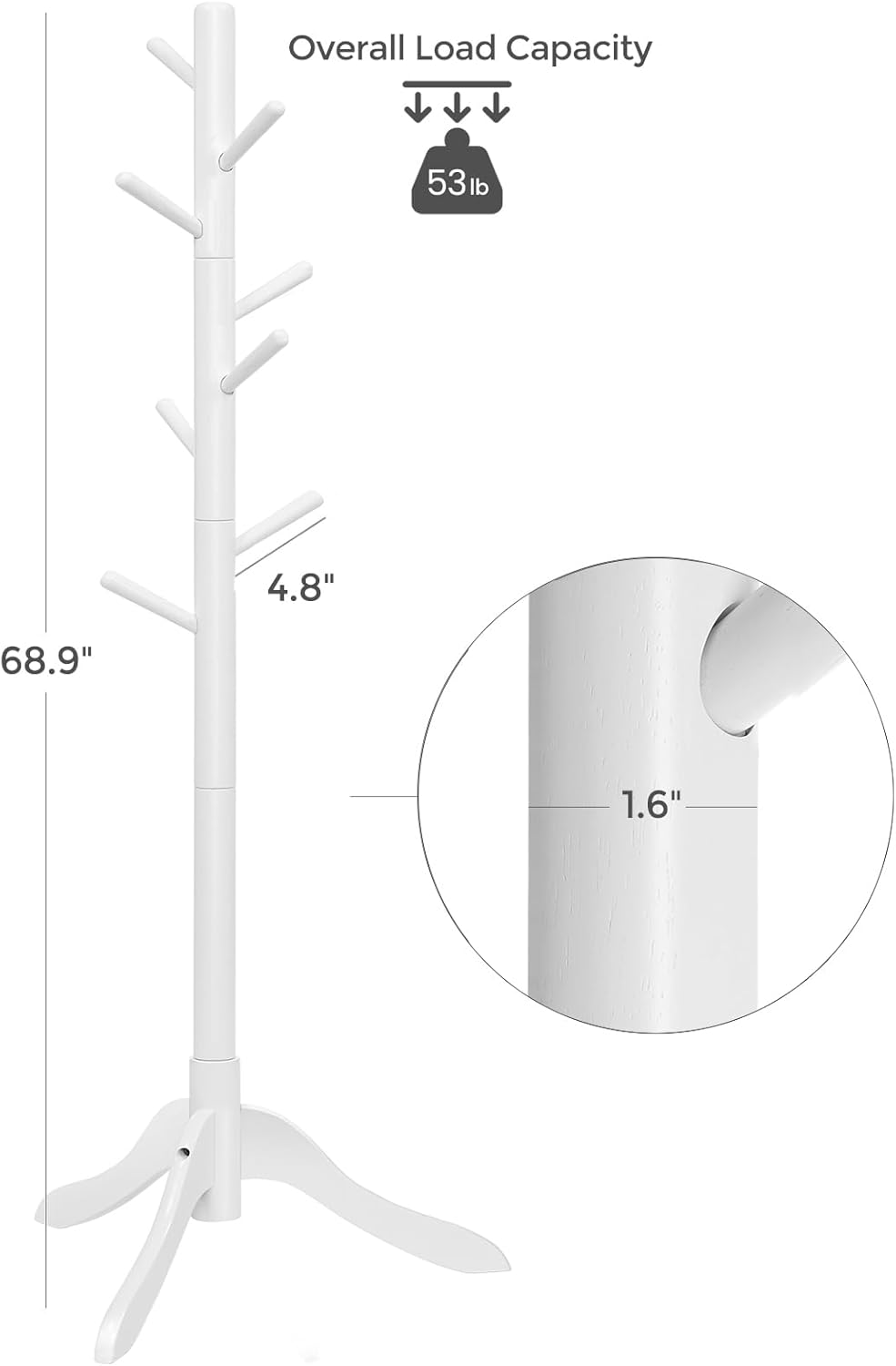 VASAGLE Perchero de madera maciza, perchero de pie independiente, perchero en forma de árbol con 8 ganchos, 3 opciones de altura, para ropa,