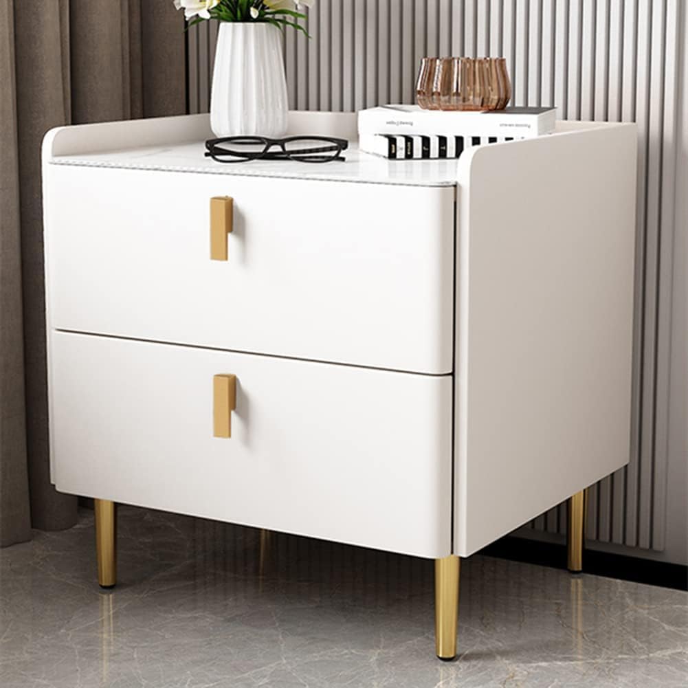 Mesita de noche moderna de mediados de siglo Mesita de noche con parte superior de mármol sintético, mesa de noche de madera con 2 cajones de cuero