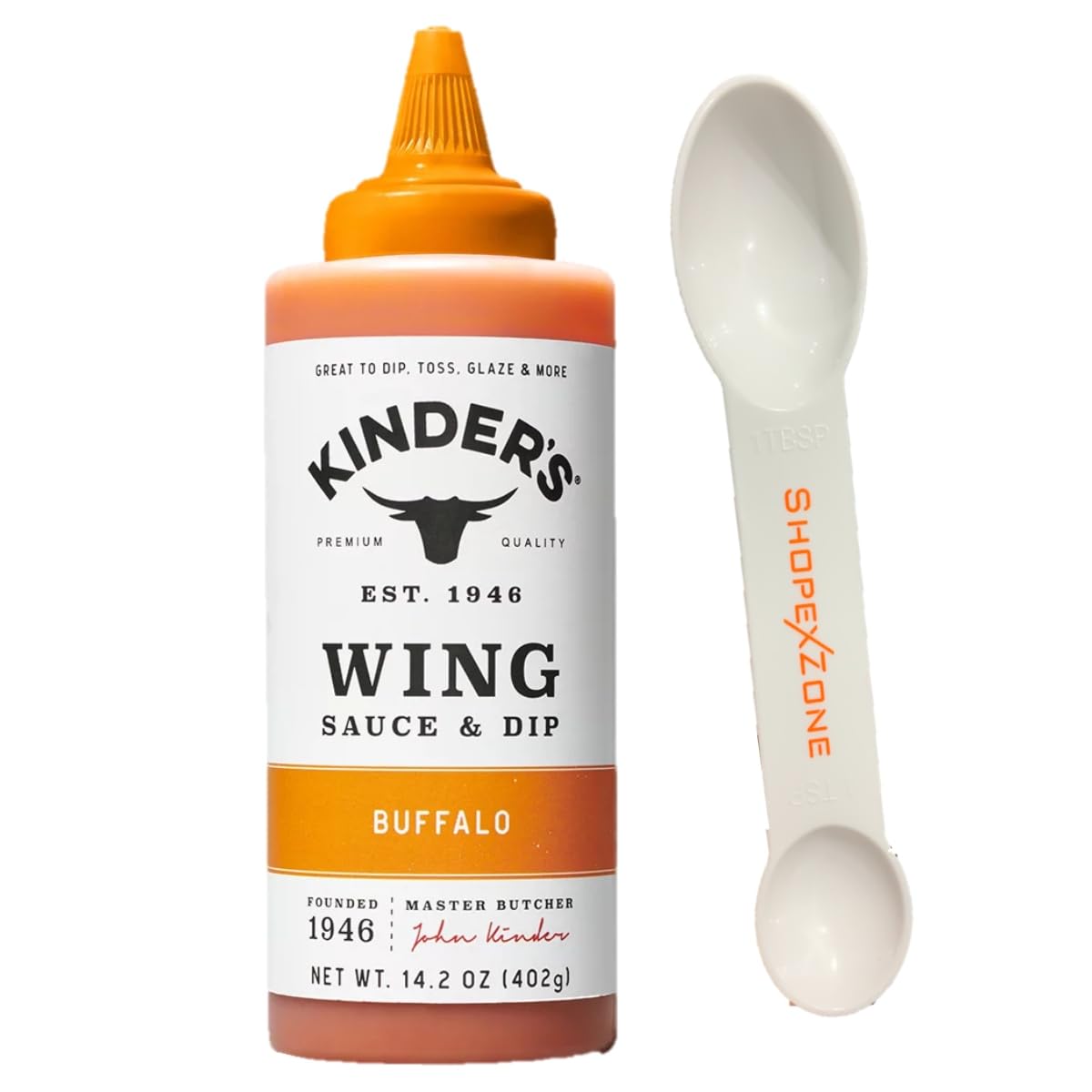 Kinders Buffalo Wing – Paquete de salsa y salsa con cucharadita ShopexZone Spoon Tbsp Cuchara dosificadora doble Dip Toss Dip Toss Glaze Picante