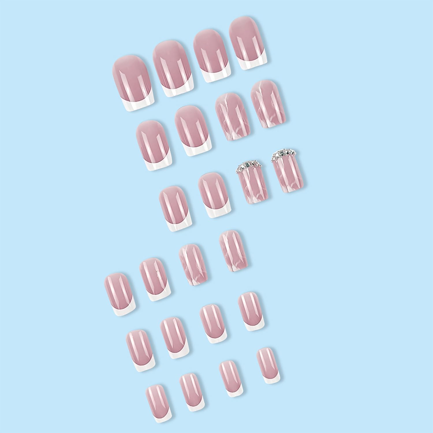24 uñas postizas cuadradas cortas a presión, color rosa, con diseños de diamantes de imitación, uñas de punta francesa, brillantes, cobertura