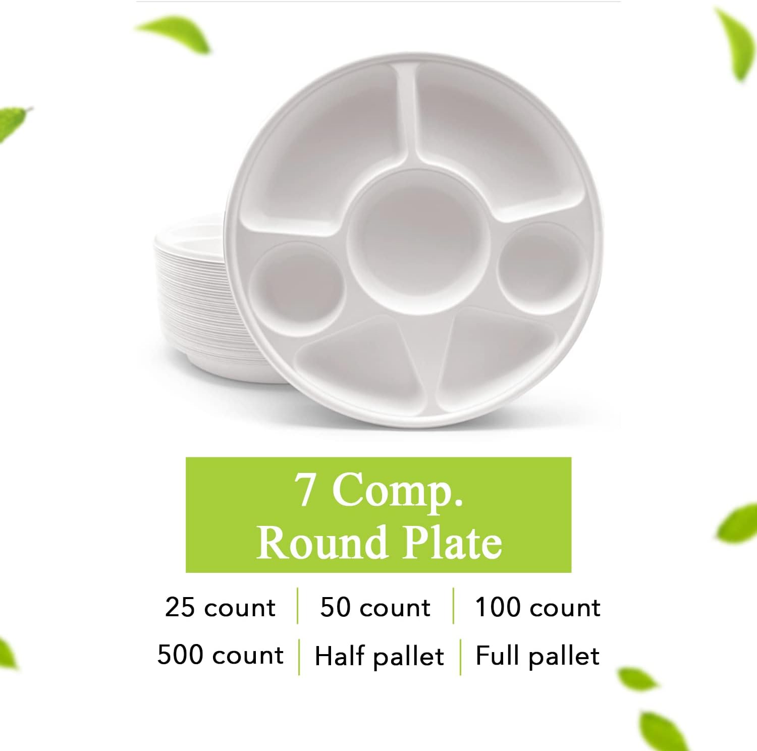 Three Leaf Plato redondo de bagazo de 7 compartimentos, 200 unidades, platos de bagazo desechables naturales y ecológicos, 100% biodegradables,