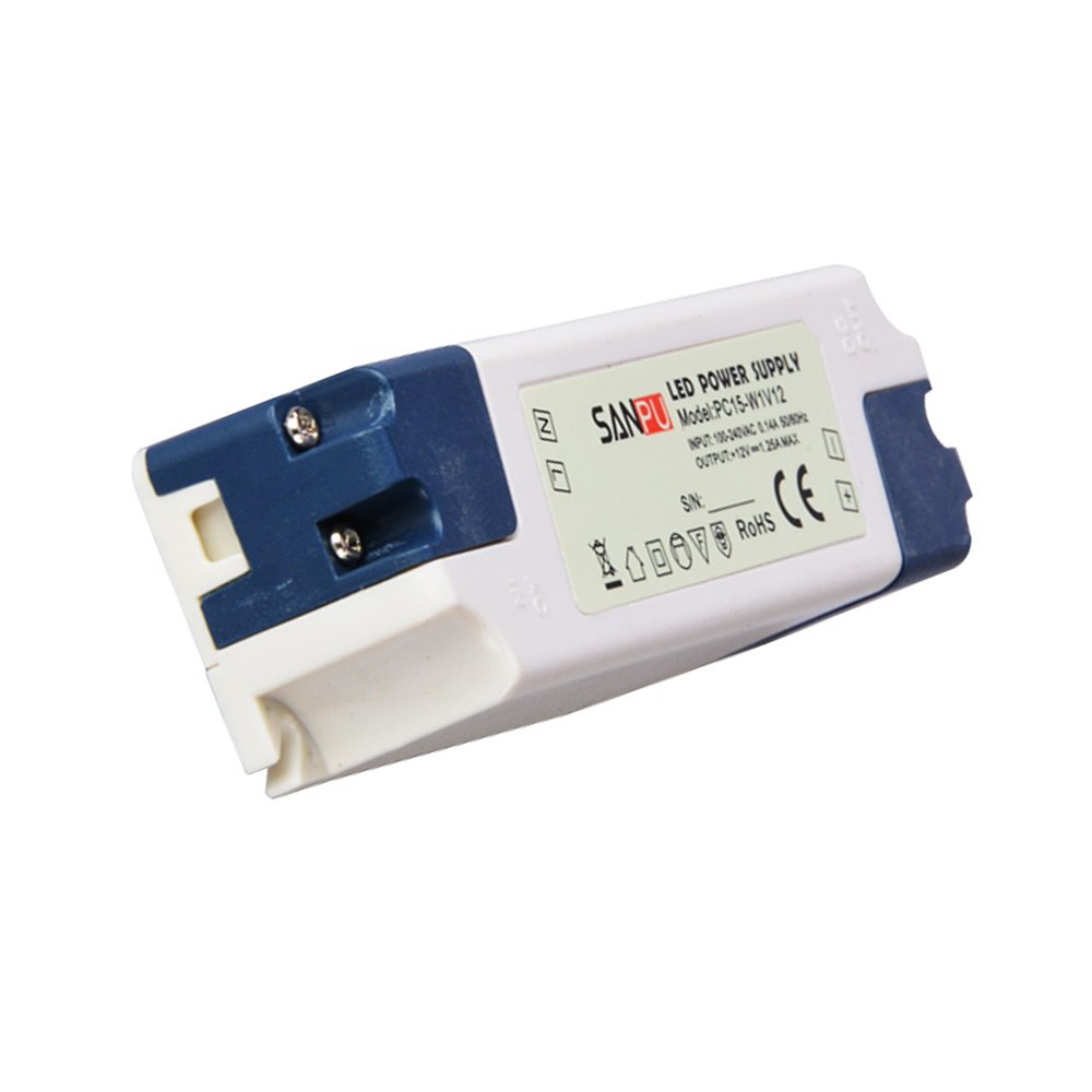 12v 15w led controlador de voltaje constante fuente de alimentación 220v 110v acdc transformador de luz interior IP44 plástico blanco (SANPU