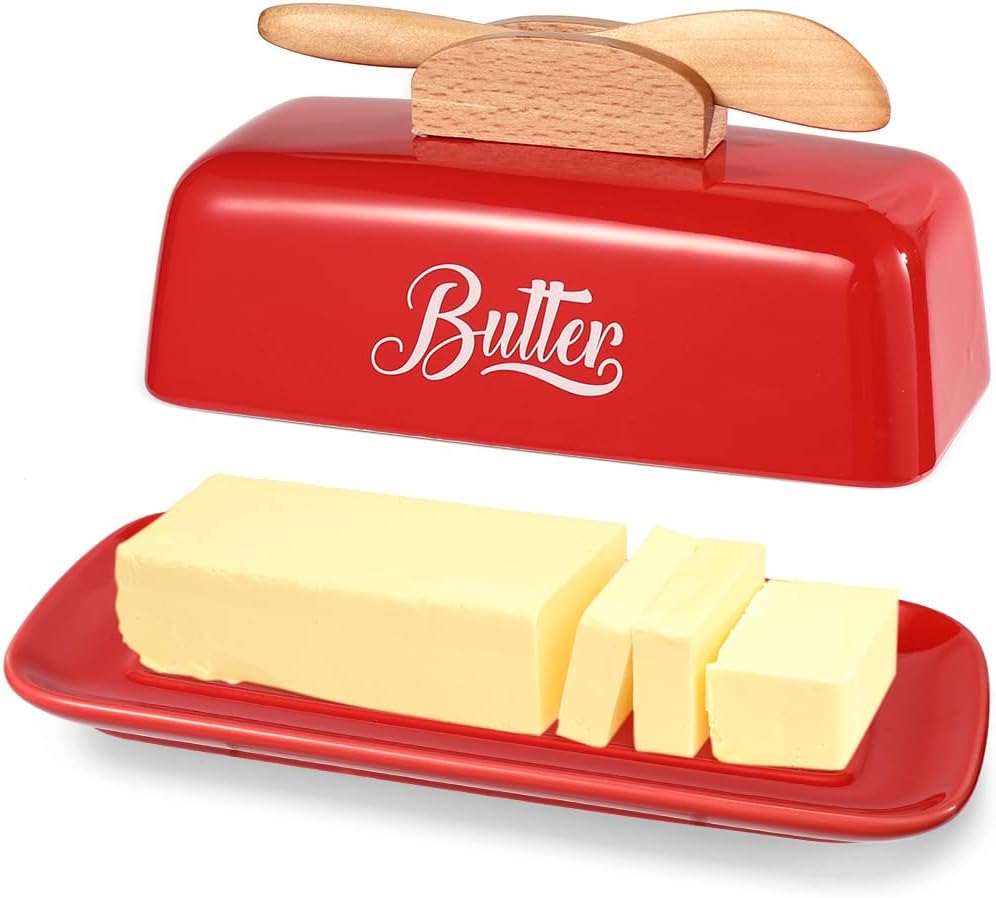 Mantequillera con tapa y cuchillo de cerámica para contador humanizado con mango de cuchillo, perfecto para mantequilla de la costa este oeste,