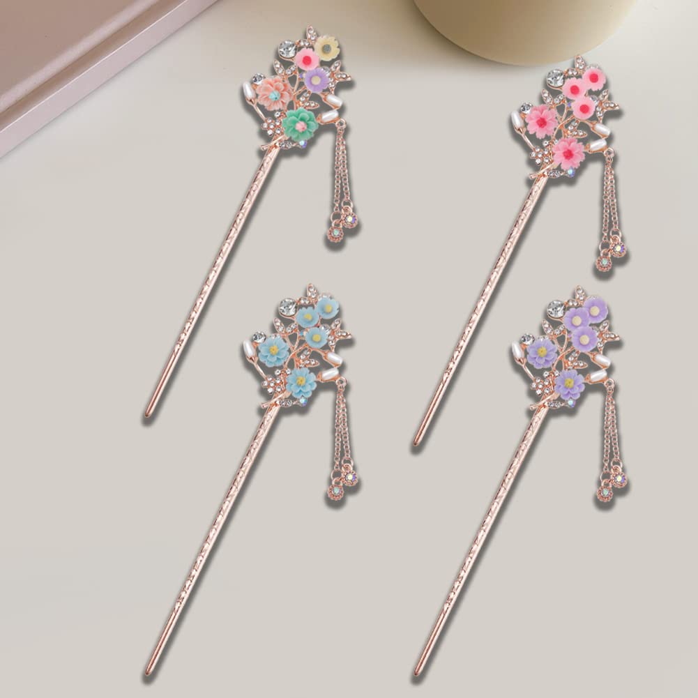 Paquete de 4 palillos para el cabello con flores de diamantes de imitación para moños, palillos de pelo con borlas vintage, accesorios de peinado