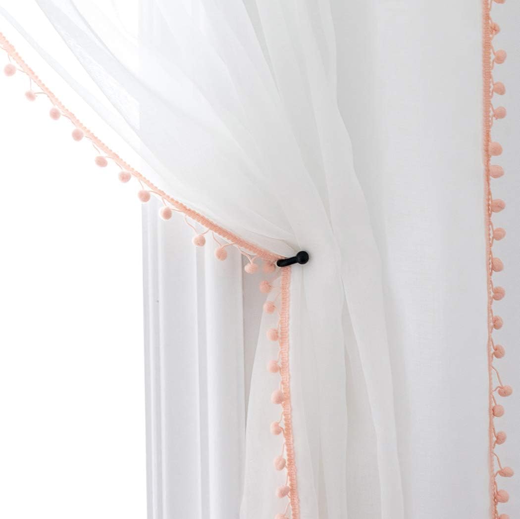Selectex – Cortinas de gasa semitransparentes con diseño de cenefa de borlas, con bolsillo para barra, para sala de estar o habitación, juego de 2
