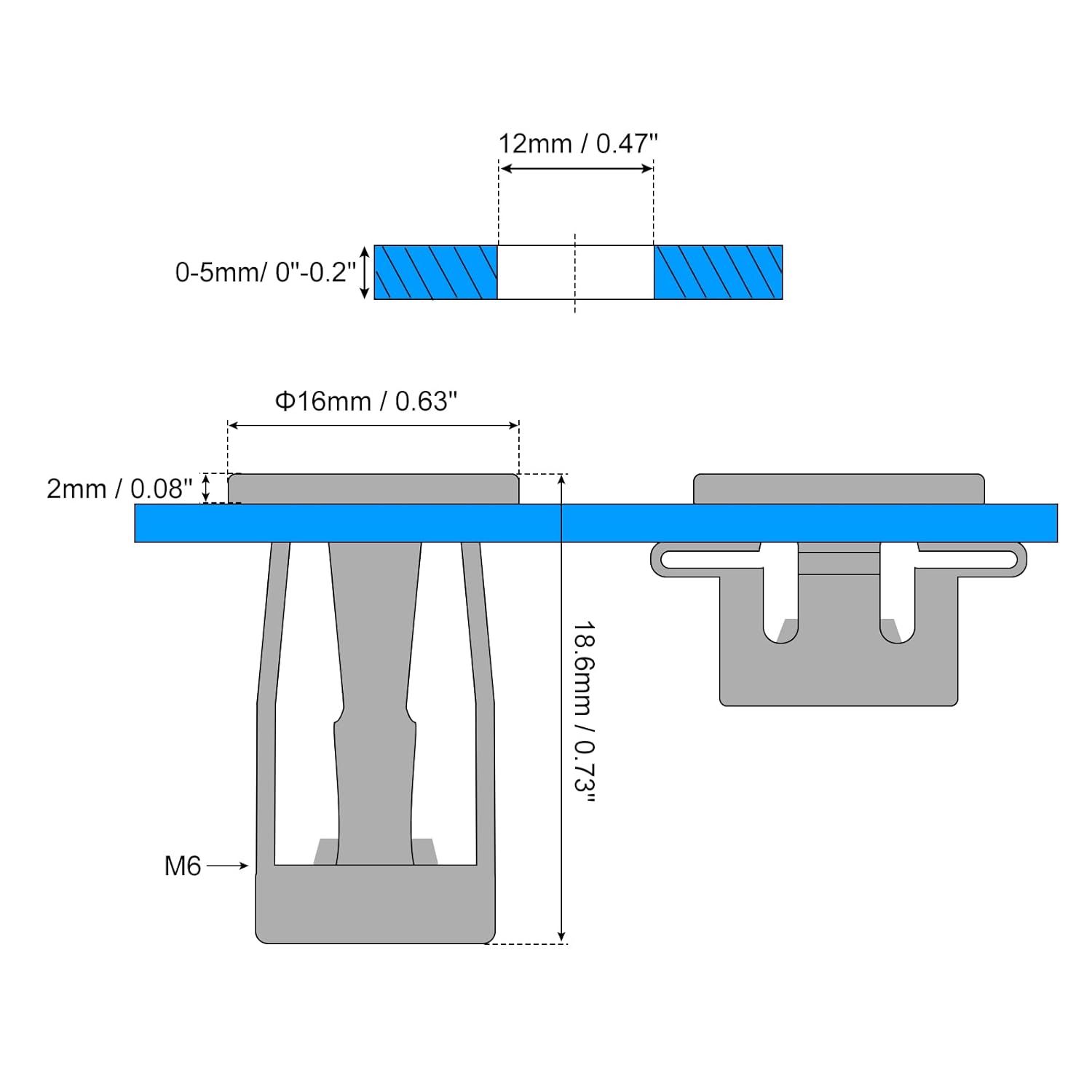 uxcell Tuercas de gato M6, 5 tuercas roscadas de acero al carbono galvanizadas remaches para metal fino, longitud de 0.732 in