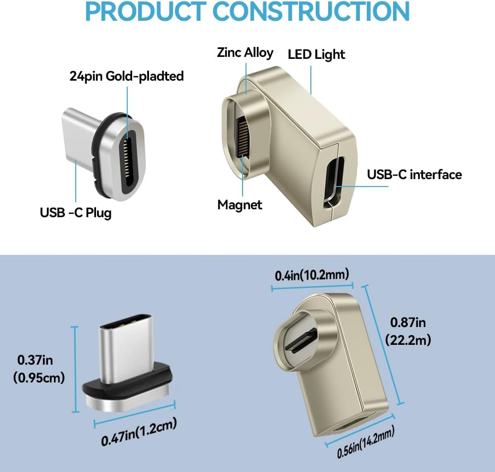 SHEEAST Adaptador magnético USB C de 90 grados, paquete de 2 adaptadores USB C magnéticos de 40 Gbps con USB4 8K 60Hz 140 W de carga rápida para