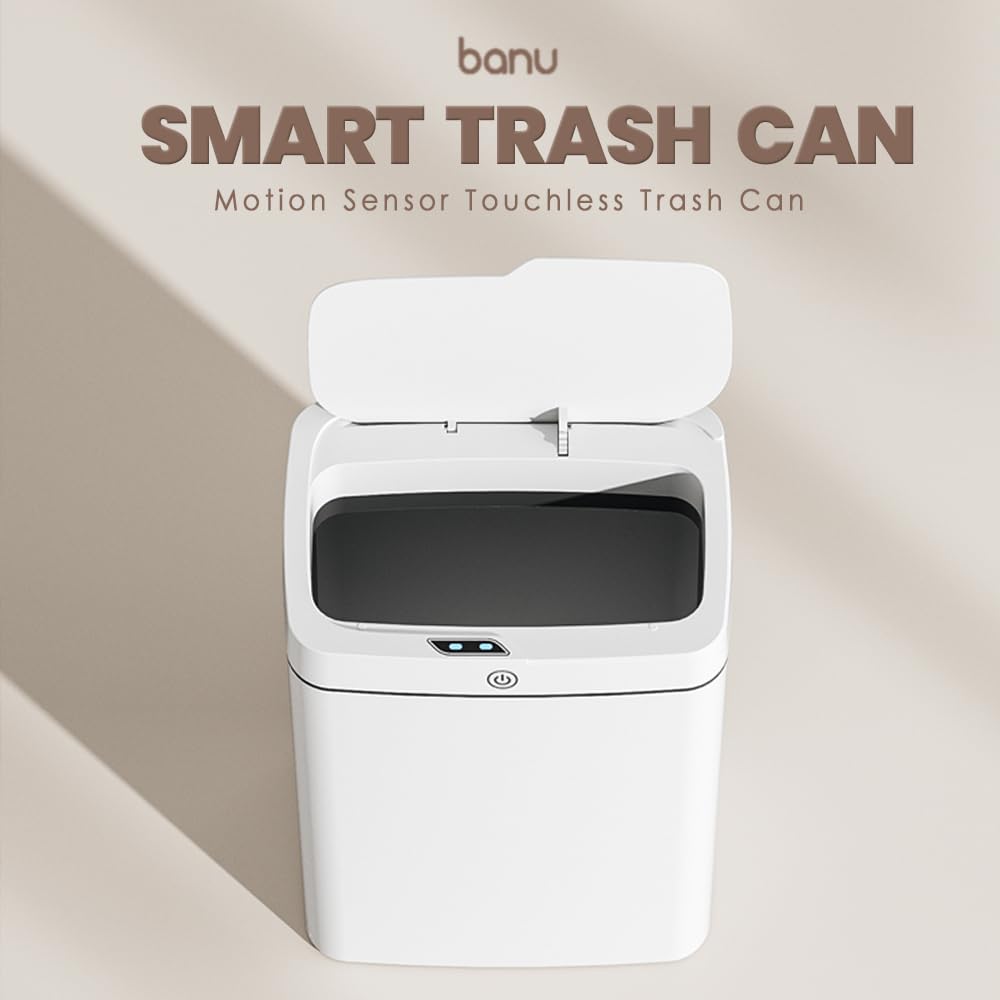 Banu Basurero de baño con tapa, sensor de movimiento automático, cubo de basura inteligente con tapa, sin contacto, para dormitorio, cocina, sala de