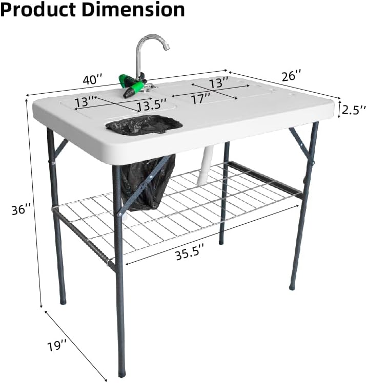 THUNDERBAY Mesa plegable portátil de campo de limpieza de juego de pescado, mesa de filete resistente de 40 pulgadas con fregadero doble y grifo