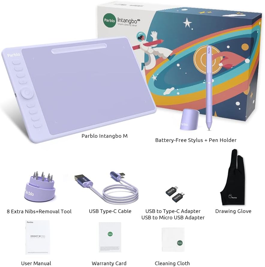 Parblo Intangbo M – Tableta de dibujo de 10 x 6 pulgadas, tableta gráfica digital con 8192 niveles, lápiz capacitivo sin batería y 8 teclas de