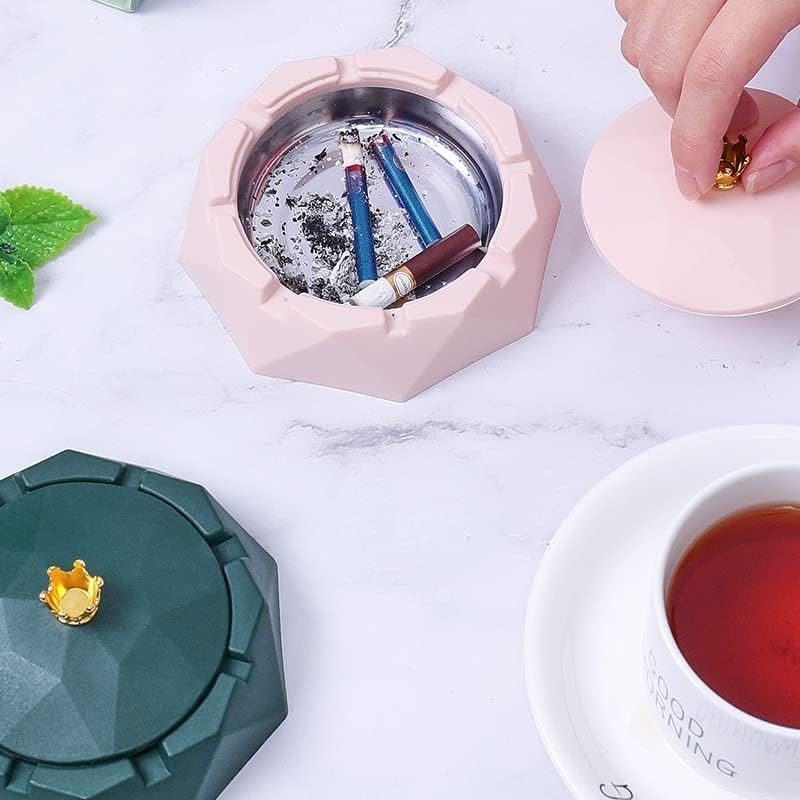 Cenicero rosa de acero inoxidable con tapas, cenicero de cigarrillos para uso en interiores o exteriores, resistente al viento, soporte para cenizas
