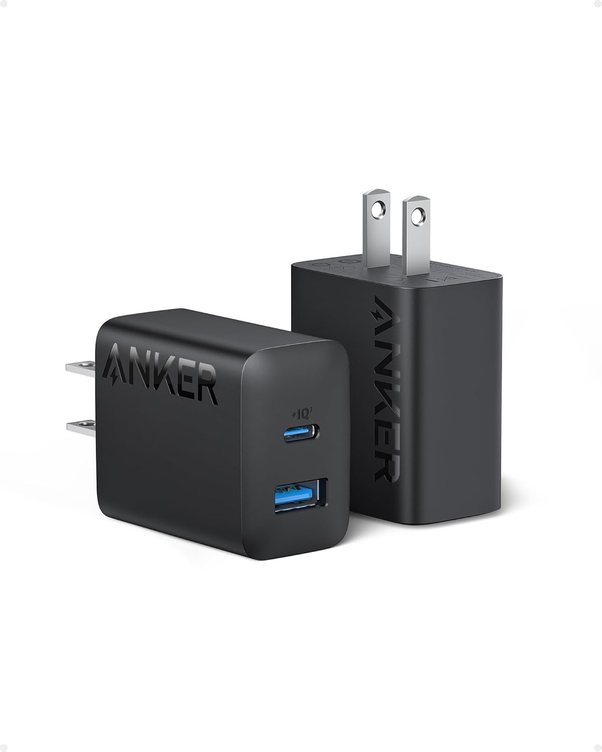 Anker Cargador para iPhone 15, cargador Anker USB C, paquete de 2 cargadores de pared rápidos USB de doble puerto de 20 W, bloque de cargador USB C