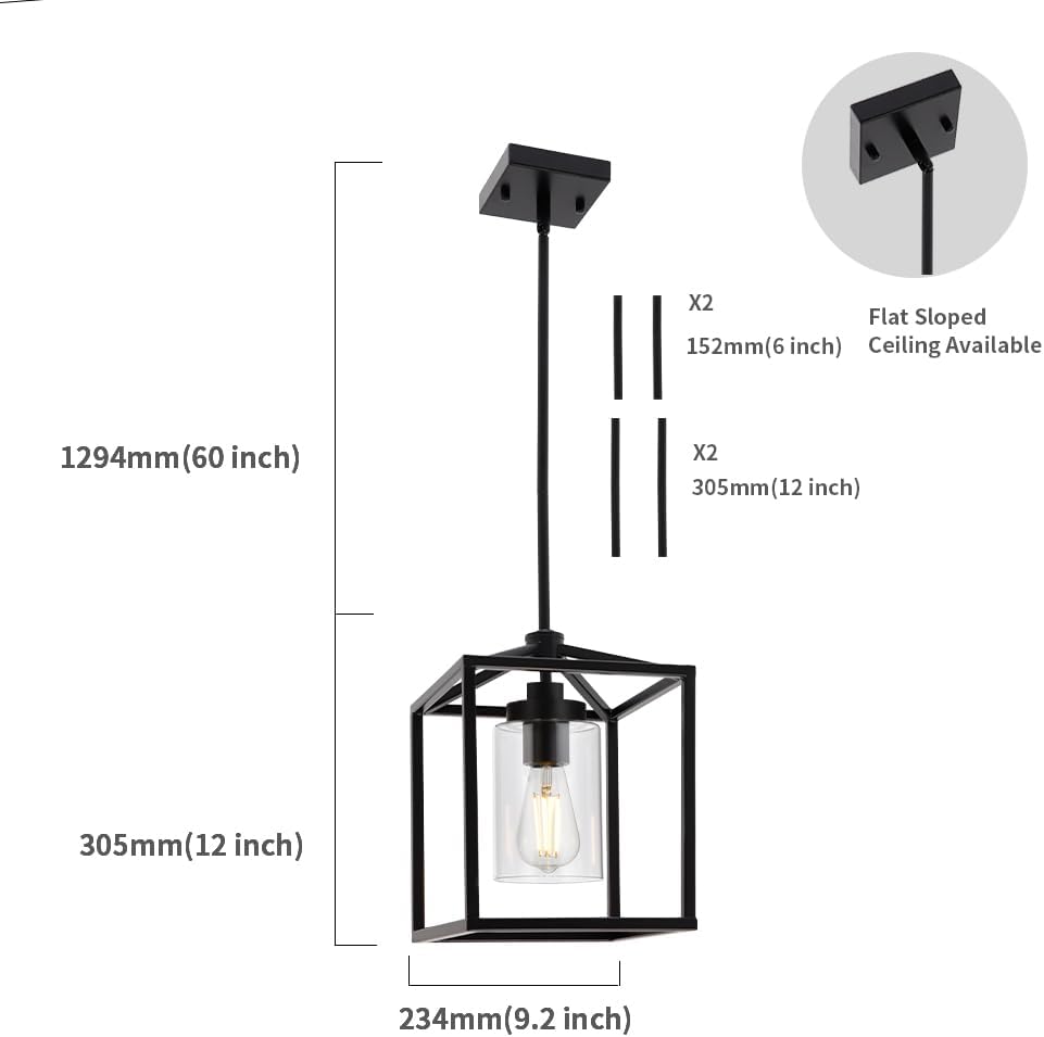 Lámpara colgante de 1 luz, iluminación colgante negra para isla de cocina con pantalla de vidrio transparente, lámpara colgante de granja de montaje