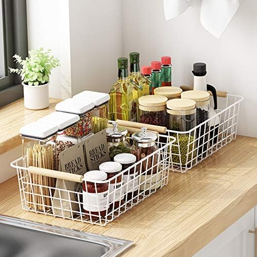 LeleCAT Cestas de alambre blanco con asas, organizador de almacenamiento de alambre para cocina, refrigerador doméstico para armarios, despensa,