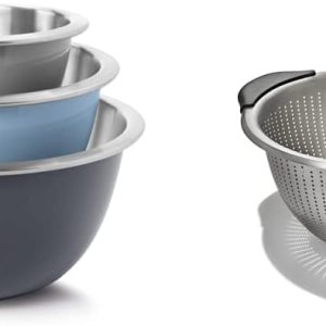OXO Good Grips – Juego de cuencos de acero inoxidable de 3 piezas, color azulgris, 4.7 L y colador Good Grips de acero inoxidable de 5 cuartos de OXO Good Grips – Juego de cuencos de acero inoxidable de 3 piezas, color azulgris, 4.7 L y colador Good Grips de acero inoxidable de 5 cuartos de