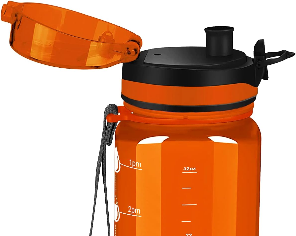 Botella de agua personalizada para niños, naranja brillante, 32 onzas, motivacional, fitness, deportes, con marcador de tiempo, boca ancha, a prueba