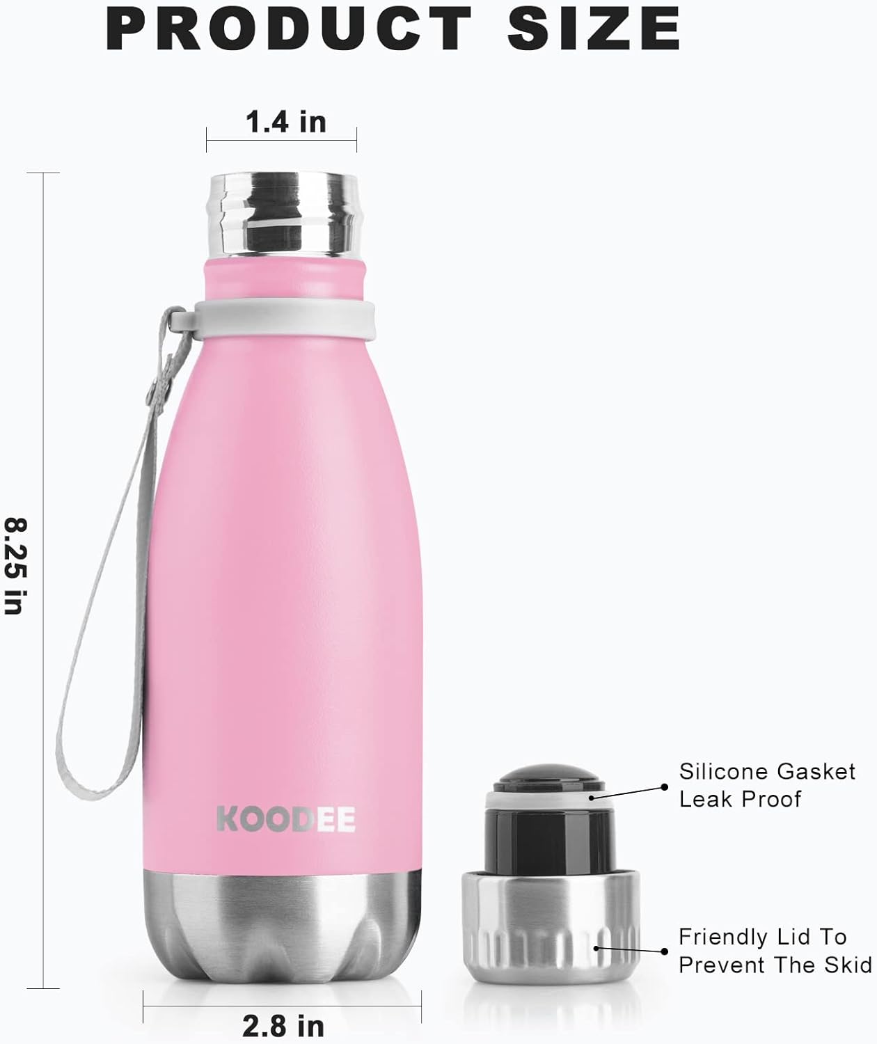 koodee Botella de agua de 12 onzas de acero inoxidable aislada al vacío a prueba de fugas, botella de agua deportiva de metal para la escuela