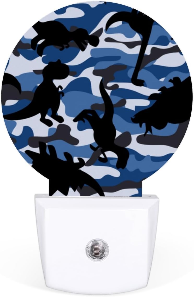 Juego de 2 luces nocturnas de dinosaurio de camuflaje para enchufar a la pared, con sensor automático del anochecer al amanecer, lámparas LED de