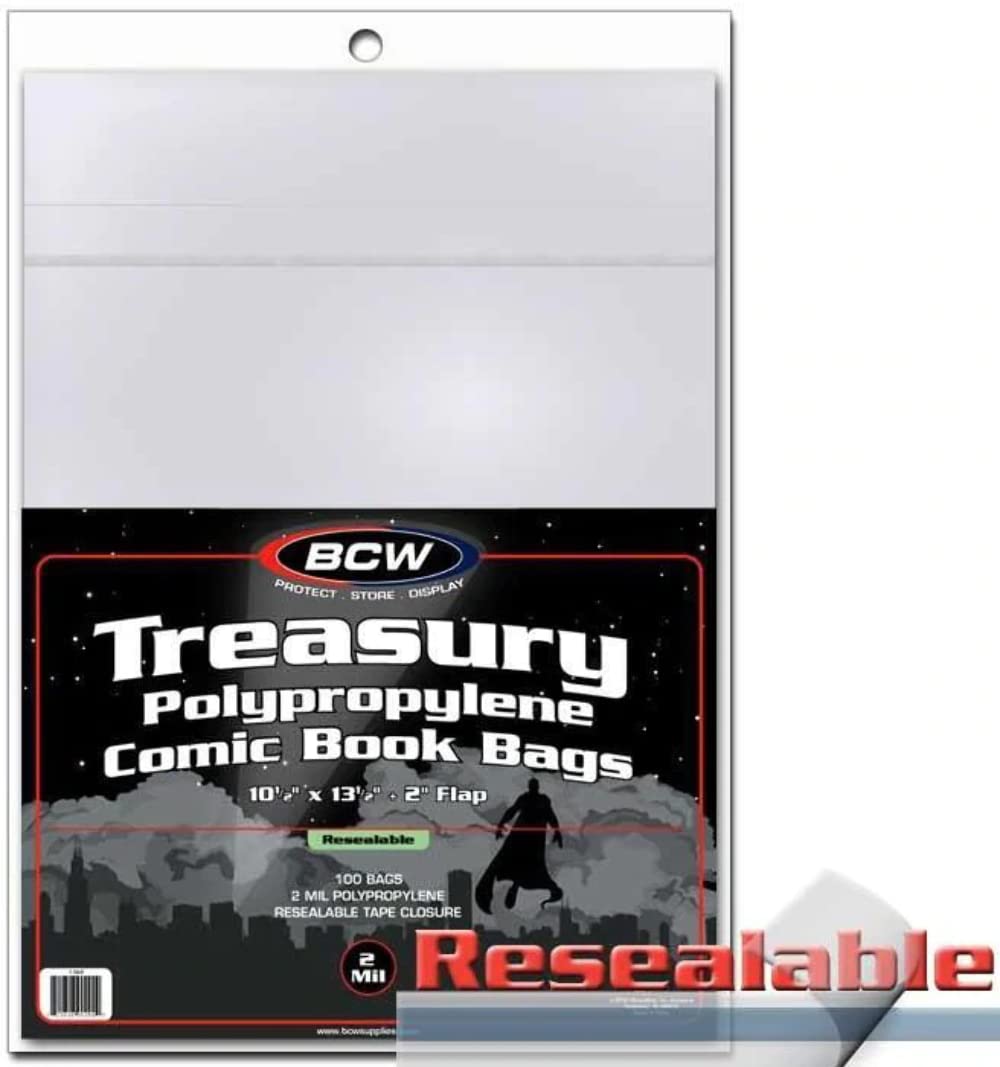 BCW Bolsas resellables para cómics del Tesoro, paquete de 100 unidades, bolsas de cómics de almacenamiento seguro sin ácidos para cómics del tesoro,