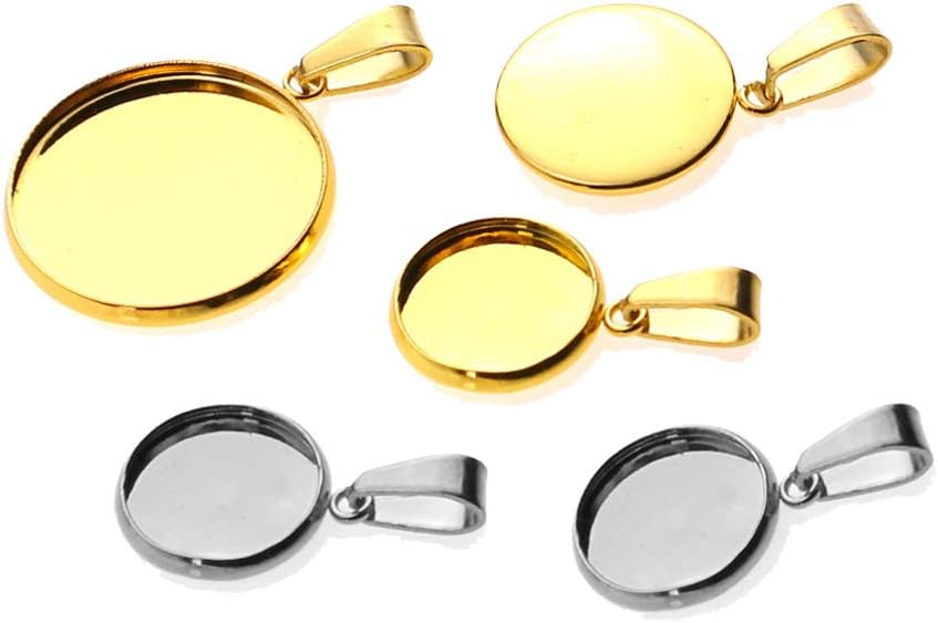 Juego de 20 bandejas colgantes de acero inoxidable, cabujones redondos, biseles, base en blanco, para fotos, collares, pulseras, joyería (plata,