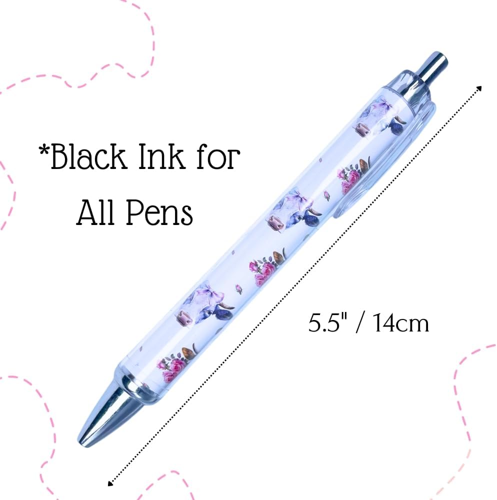 YJ PREMIUMS 7 bolígrafos de vaca  Lindos bolígrafos con estampado de vaca de las tierras altas, flores florales, kawaii, estéticas, vacas blancas y
