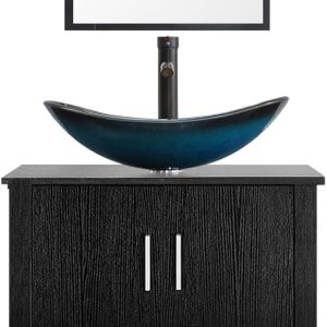 eclife Lavabo de tocador de baño de 24 pulgadas, moderno gabinete de MDF con espejo azul barco de vidrio templado, grifo de ahorro de agua ORB y eclife Lavabo de tocador de baño de 24 pulgadas, moderno gabinete de MDF con espejo azul barco de vidrio templado, grifo de ahorro de agua ORB y