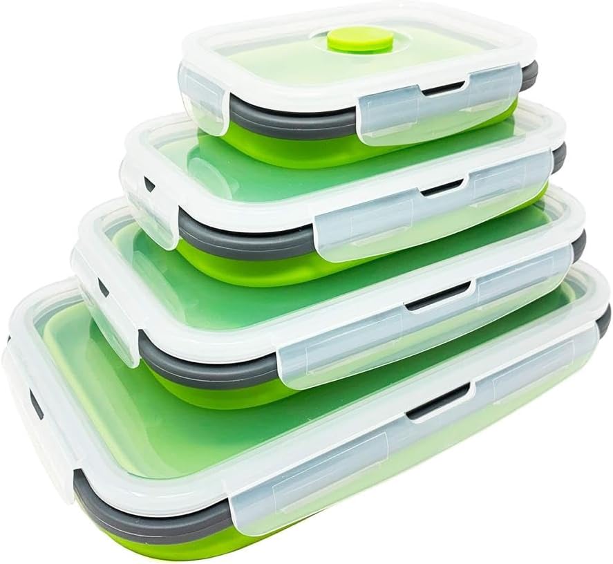 Contenedores de plástico para almacenamiento de alimentos con tapas, 4 piezas de silicona plegables con tapas para camping, recipientes de almuerzo