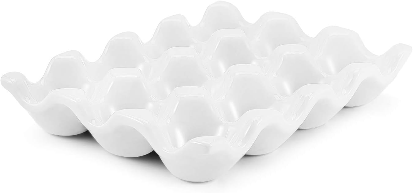 Flexzion Bandeja de cerámica para huevos de 12 tazas, docena entera de porcelana para huevos, organizador de almacenamiento, soporte decorativo para
