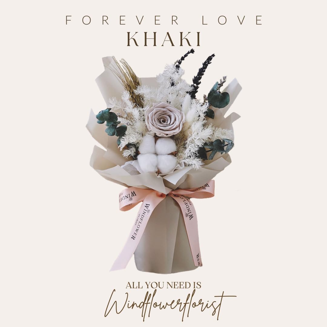 WINDFLOWER FLORIST Forever Love – Ramo de flores preservadas de color caqui, rosas y flores naturales de larga duración, caja de regalo para el día