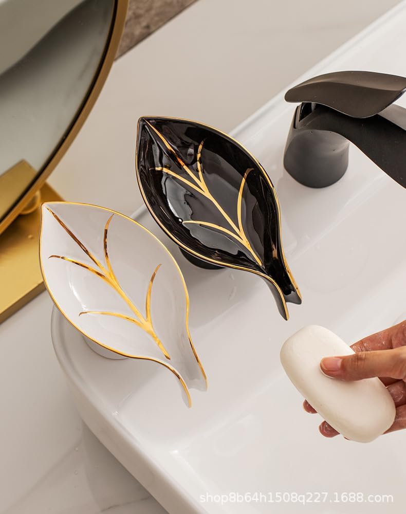 Jabonera de cerámica autodrenante con diseño de cascada en forma única de hoja, protector de jabón ideal para baño, ducha y bañera, bandeja de mesa