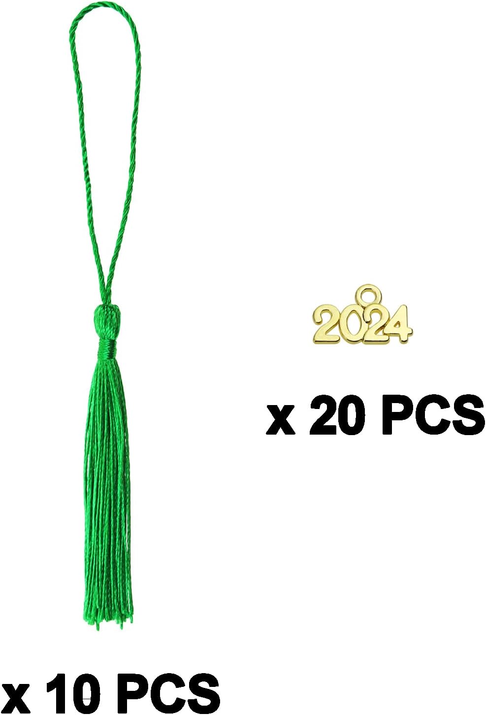 Tupalizy 10 mini borlas sedosas hechas a mano con 20 dijes del año 2024 para graduación, llavero, aretes, joyería, regalos de boda, recuerdos,