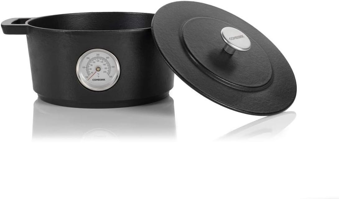 Combekk RAILWAY – Horno holandés de hierro fundido esmaltado reciclado de 4.25 cuartos de galón con termómetro, negro, 9.5 pulgadas