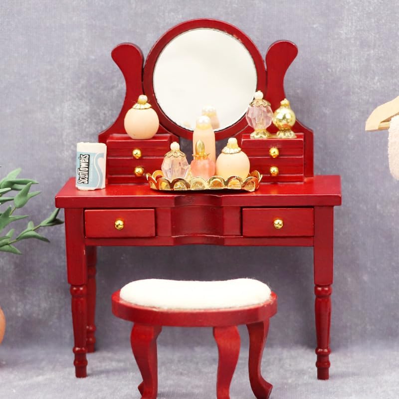 AirAds casa de muñecas a escala 112, muebles en miniatura, taburete rojo con espejo de tocador, juego de 2