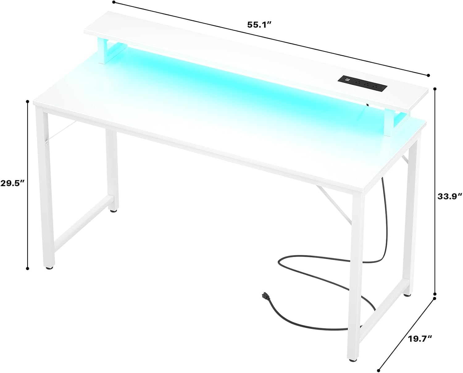 Escritorio para computadora con tomas de corriente USB y luces LED, escritorio de juegos de 55 pulgadas con soporte para monitor para espacio