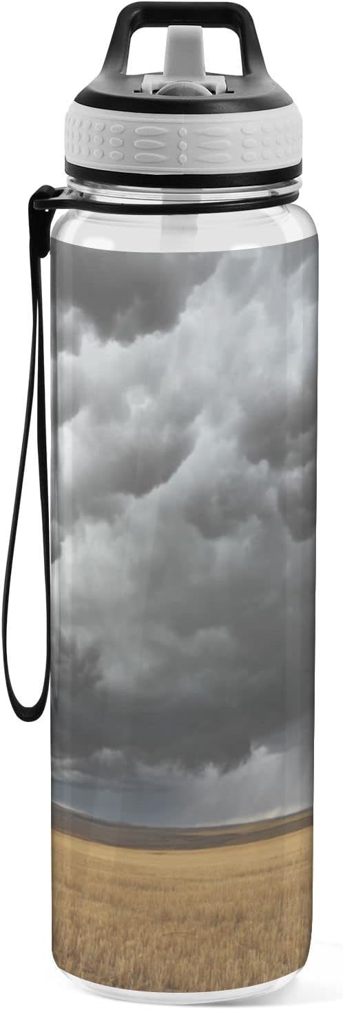 Thunderstorm Tornado over The Field – Botella de agua deportiva con pajilla, 32 onzas, a prueba de fugas y sin BPA, botellas de agua reutilizables