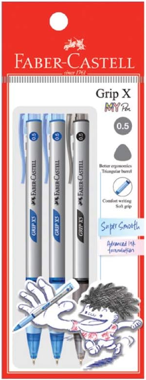 Faber-Castell Grip X – Bolígrafo ergonómico, paquete de 3 (0.020 in, negro, azul) barril triangular, escritura sin fatiga, súper suave