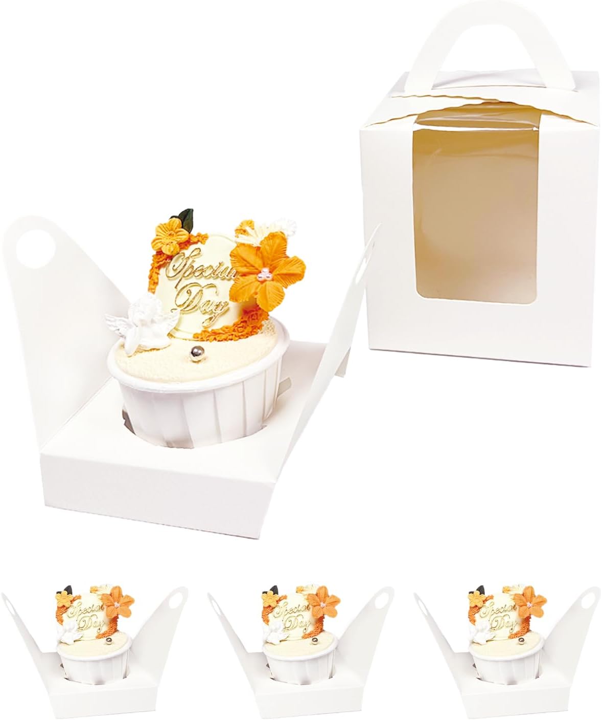 Cajas individuales para cupcakes con ventana, 60 unidades, color blanco, caja de cupcakes individuales de 3.6 x 3.6 x 4.3 pulgadas