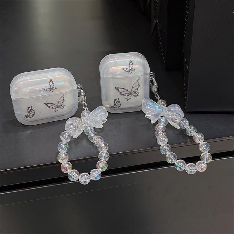 Funda transparente para AirPods Pro de 2 generación 2022, bonito diseño de mariposa negra brillante con llavero colgante, funda protectora de TPU