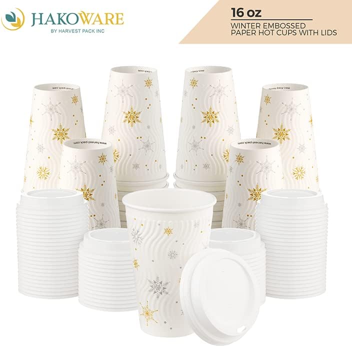 Paquete de 100 tazas de café de Navidad de 16 onzas, vasos de papel desechables de invierno con copos de nieve blancos, vasos de papel de pared con