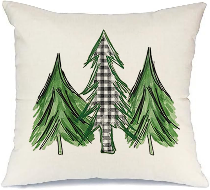 RABUSOFA Fundas de cojín con diseño de árbol de Navidad en acuarela de 18 x 18 pulgadas, fundas de cojín decorativas de invierno a cuadros, fundas
