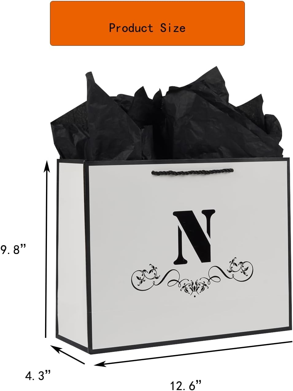 Bolsa de regalo con letras con papel de envoltura para hombres, mujeres, niños y niñas, bolsa de papel grande de 12 pulgadas de color blanco y negro