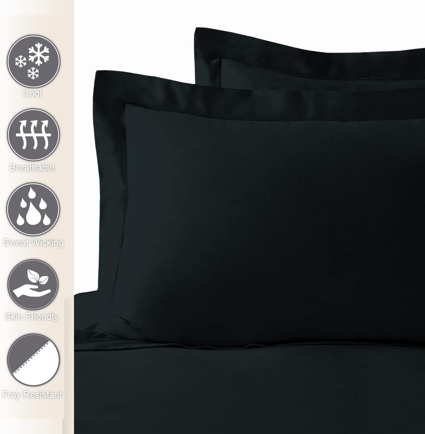 Pizuna Funda de almohada de algodón tamaño Queen, color negro, 400 hilos, 100% algodón peinado de fibra larga, tejido de satén, fundas de almohada