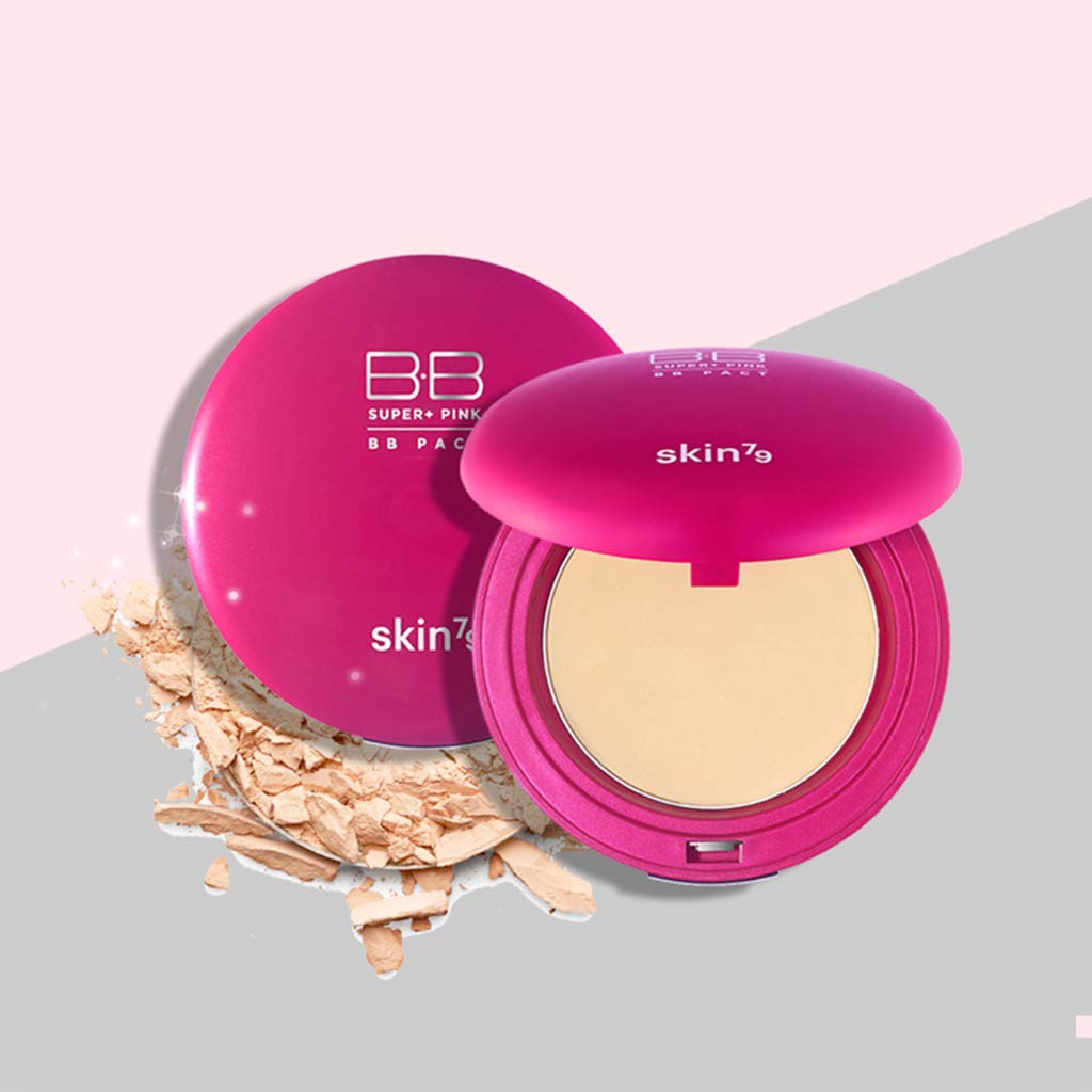 SKIN79 Super Plus Pink BB Pact 0.53 oz – Control de sebo con acabado sedoso, protección solar en polvo, color beige claro