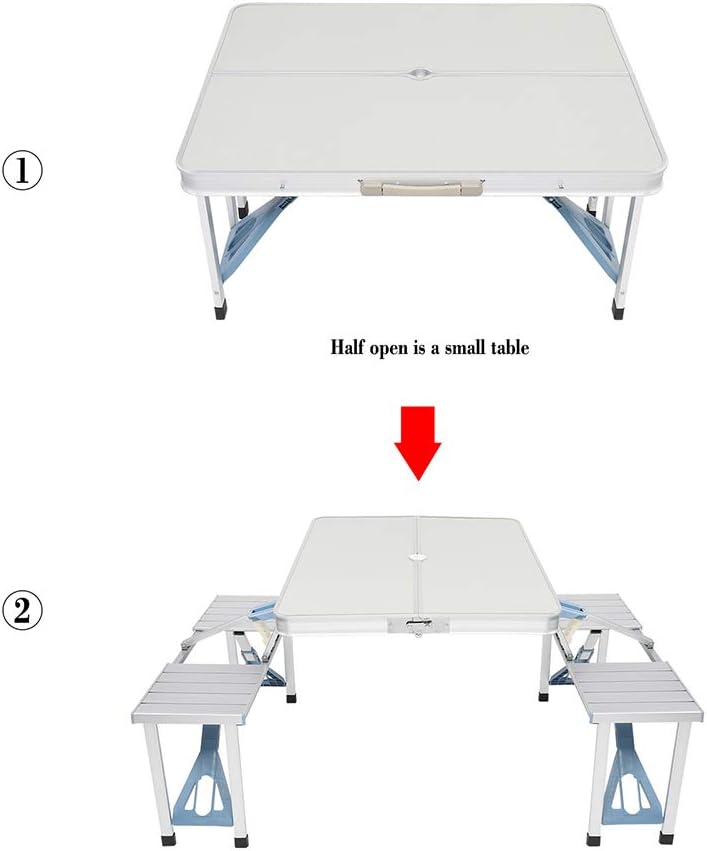 Mesa de picnic plegable portátil con asientos sillas y agujero para paraguas, mesa de aluminio ligera y compacta de aluminio para acampar al aire