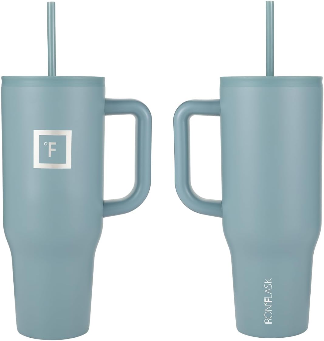 IRON FLASK Co-Pilot – Vaso aislado con popote y tapas abatibles, botella portavasos, para bebidas calientes y frías, a prueba de fugas, agua, taza