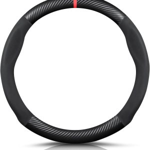 Ergocar Funda para volante de piel sintética de fibra de carbono y microfibra de forma redonda, antideslizante, protector para volante de automóvil, Ergocar Funda para volante de piel sintética de fibra de carbono y microfibra de forma redonda, antideslizante, protector para volante de automóvil,