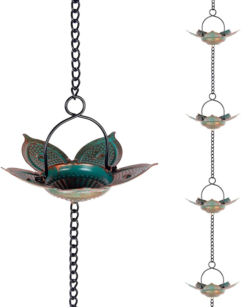 Cadena de lluvia de loto de 8.3 pies, 12 tazas de flores de hierro grueso cadenas de lluvia para canalones, cadena ajustable para drenaje de aleros,