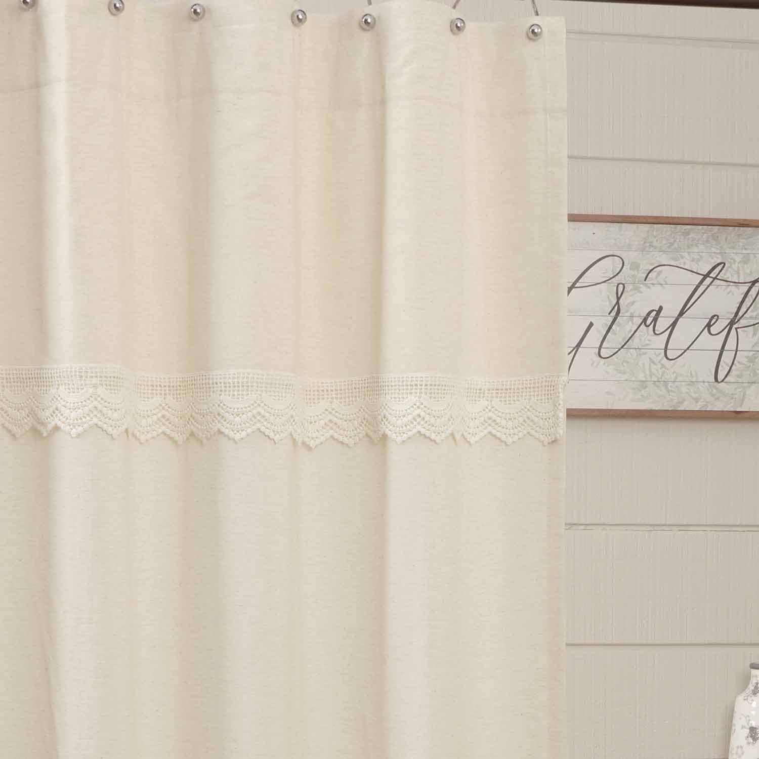 Piper Classics Cortina de ducha de lino y encaje, 72 x 72 pulgadas, decoración de baño color crema natural con ribete de encaje de ganchillo y